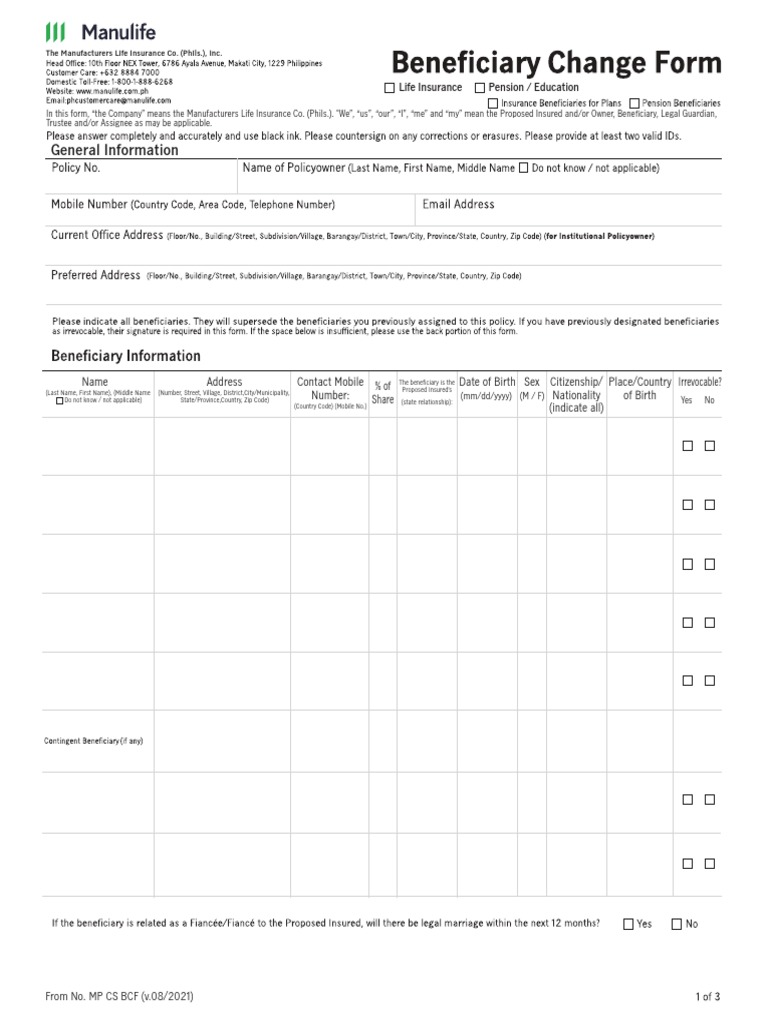 Beneficiary Change Form No. MP CS BCF v.08021 | PDF | Money Laundering ...