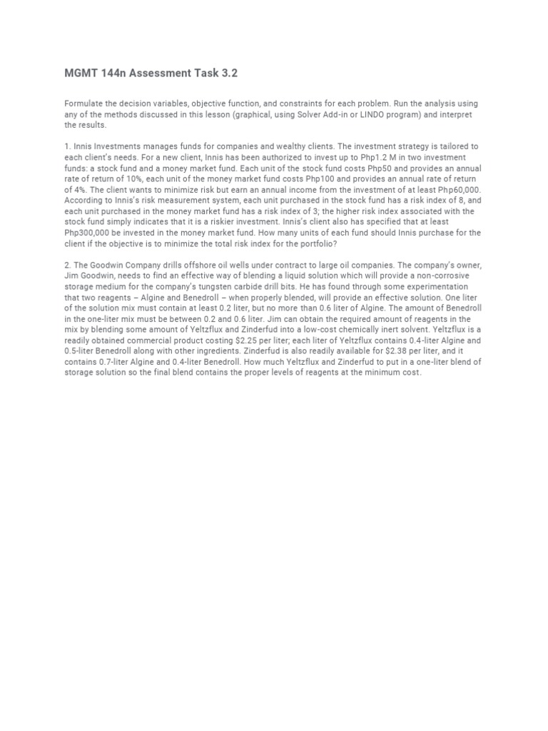 Linear Programming - Assessment Task | PDF | Investing | Risk