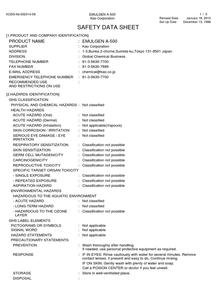 Sds Emulsifier For Latex Glove Kao Eg. A500 PDF