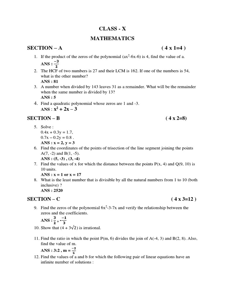Class X Question Paper 18.05.2022 PDF Numbers Polynomial