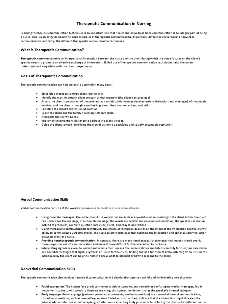 Therapeutic Communication in Nursing PDF Nonverbal Communication Communication