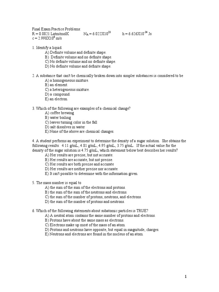 Final Exam Practice Problems | PDF | Mole (Unit) | Proton