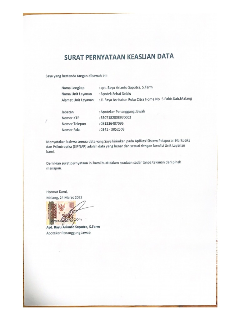 Surat Pernyataan Sipnap | PDF