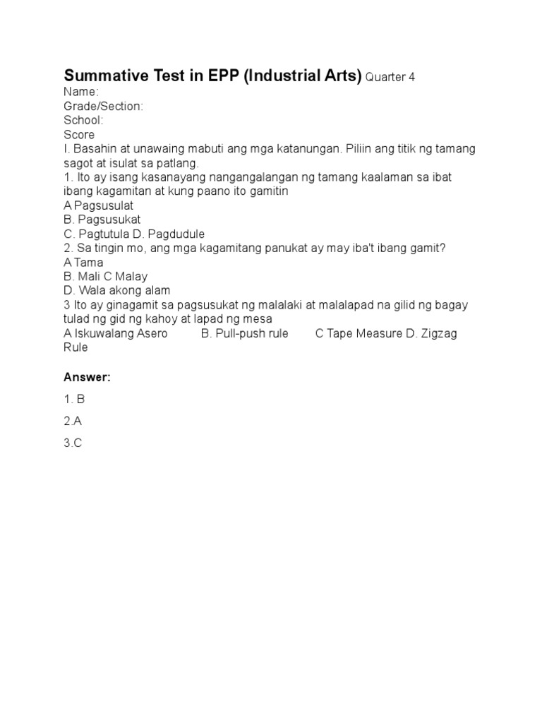 Summative Test in EPP (Industrial Arts) Answer PDF