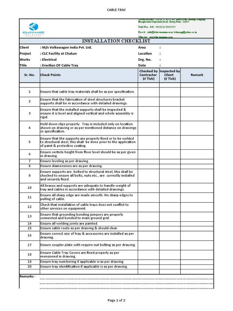 Cable Tray Installation Checklist PDF Equipment Manufactured Goods
