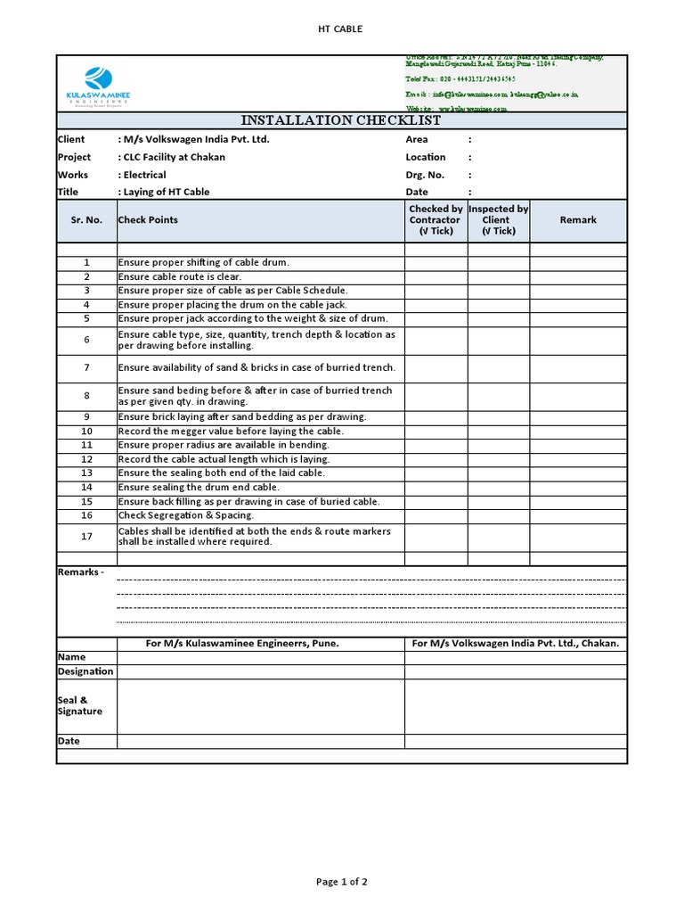 Laying the Groundwork An Installation Checklist and Cable Megger Test