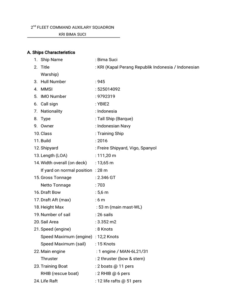 KRI Bima Suci Ship Specifications | PDF