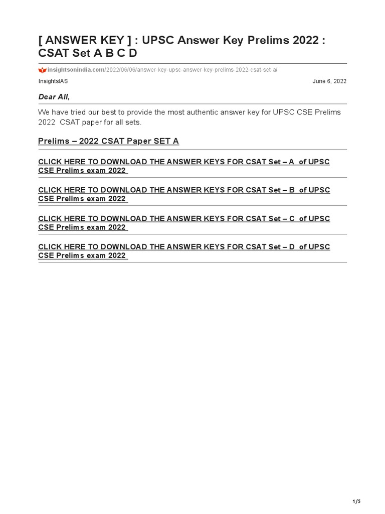 ANSWER KEY UPSC Answer Key Prelims 2022 CSAT Set A B C D PDF