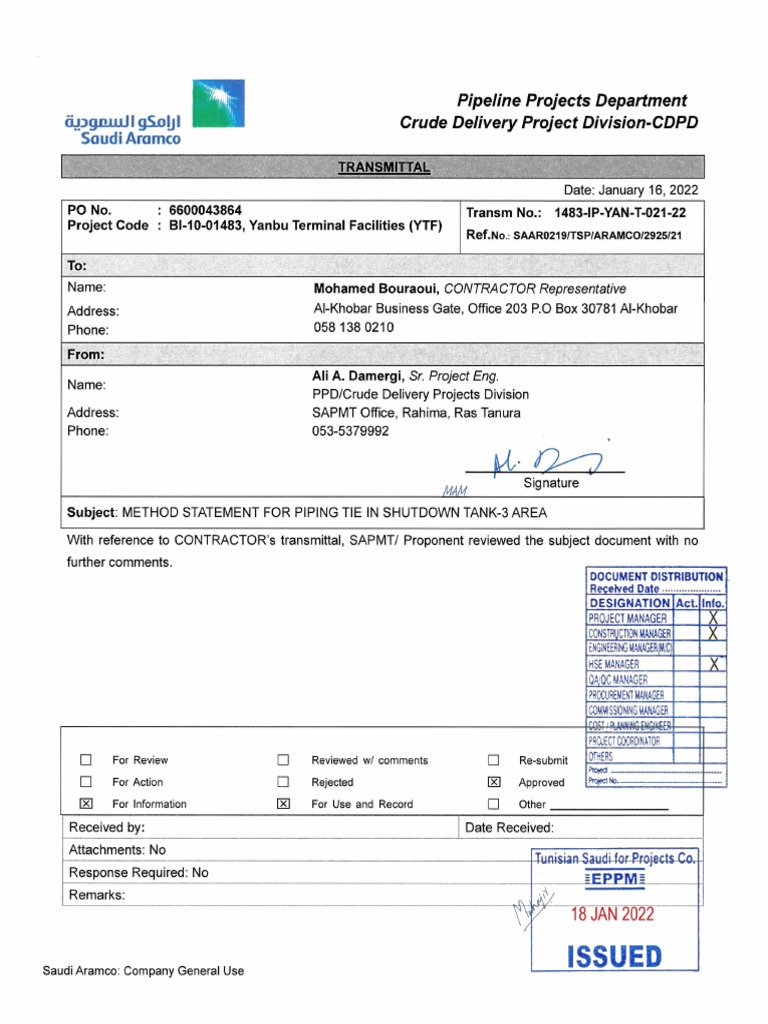 Res Tr2925Method Statement For Piping Tie in Tank 3 Area Download