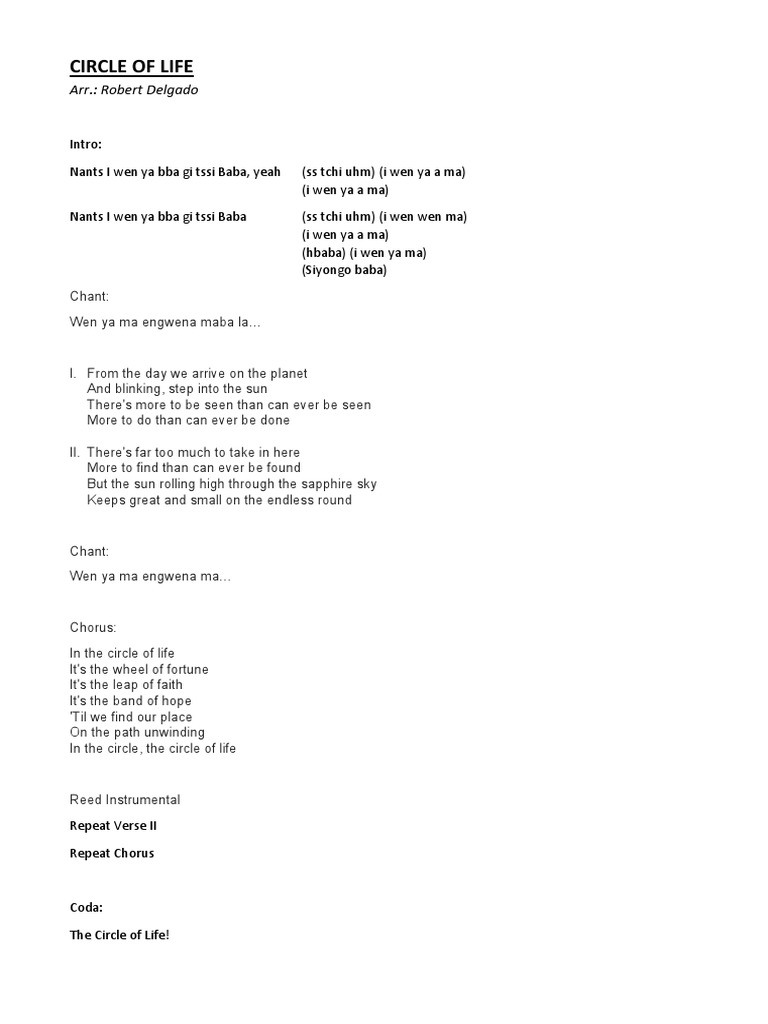 CIRCLE OF LIFE Lyrics PDF