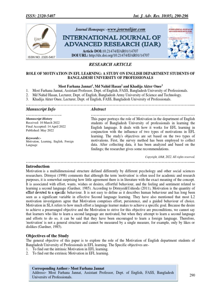 Role of Motivation in Efl Learning: A Study On English Department ...