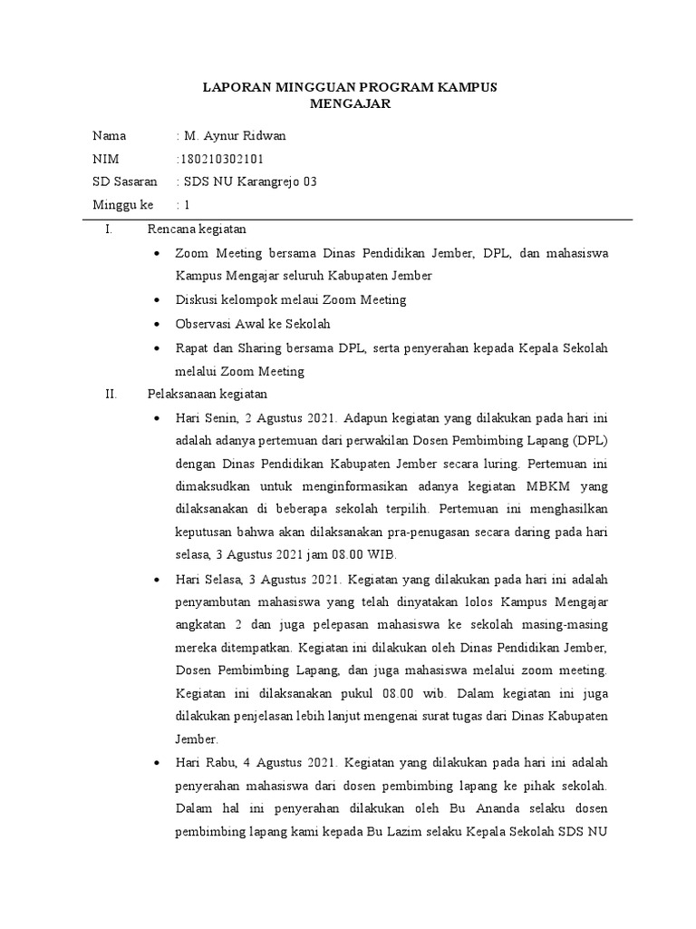 Laporan Minggu Ke 1 | PDF