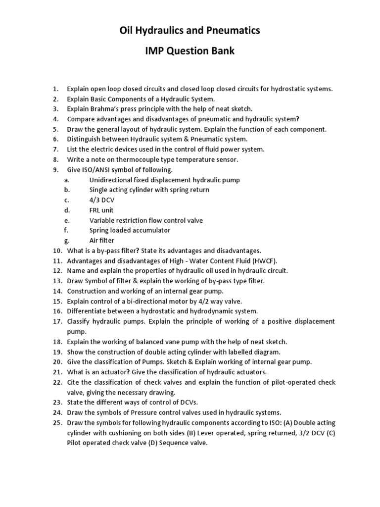 Oil Hydraulics and Pneumatics IMP Question Bank PDF Valve Applied