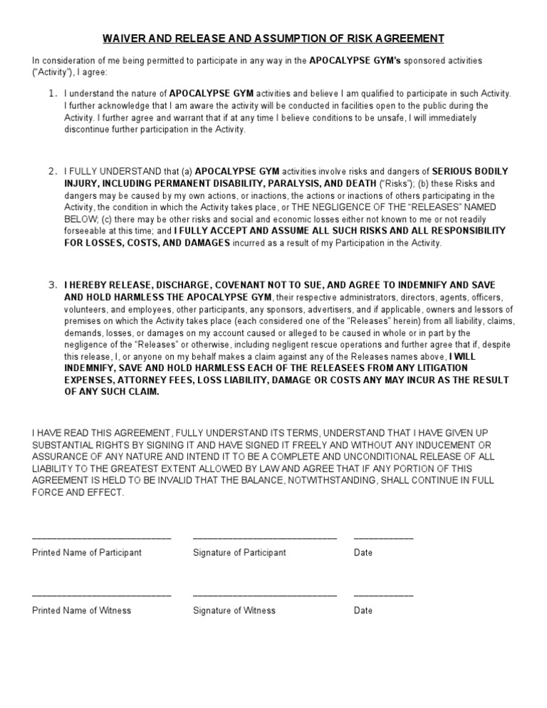 Waiver and Release and Assumption of Risk Agreement PDF Indemnity