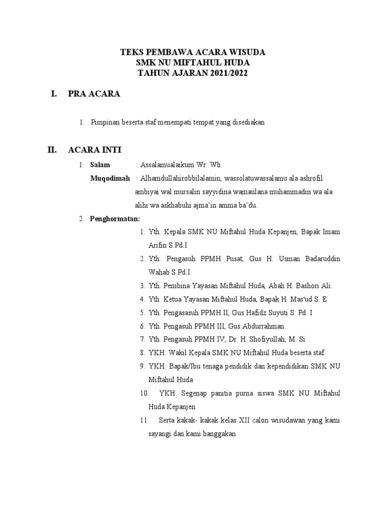Teks Pembawa Acara Wisuda SMK NU | PDF | Agama & Spiritualitas