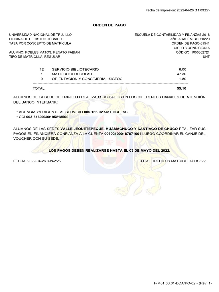 Orden de Pago - 3 Ciclo | PDF