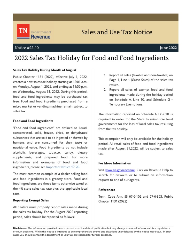 Tennessee Sales Tax Holiday For Food PDF Sales Taxes In The United