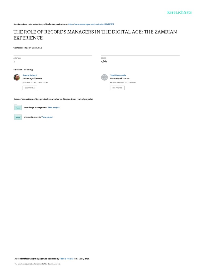 The Role of Records Managers in The Digital Age The Zambian Experience PDF Records