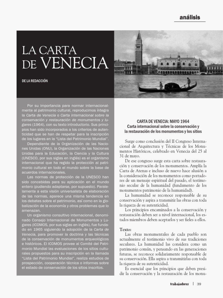 La Carta de Venecia  Patrimonio de la Humanidad  Ciencia 