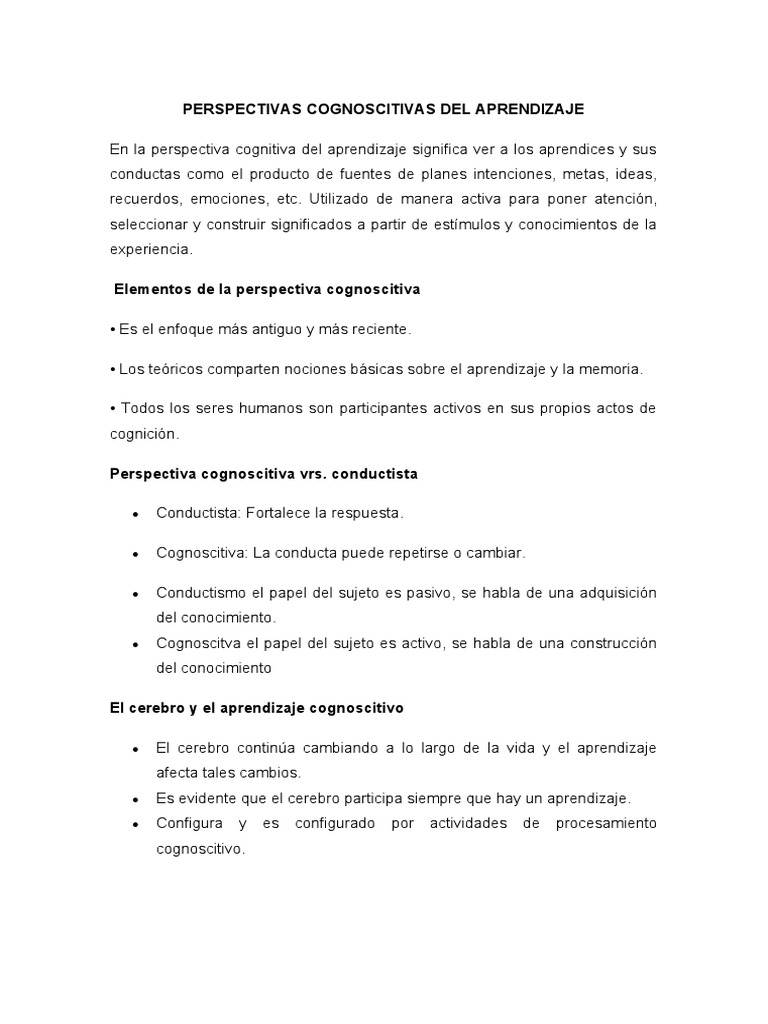 Perspectivas Cognitivas del Aprendizaje | PDF | Memoria | Aprendizaje