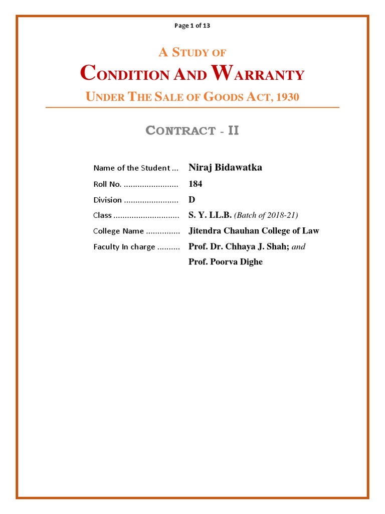 Condition and Warranty The Indian Contract Act, 1872 Download Free