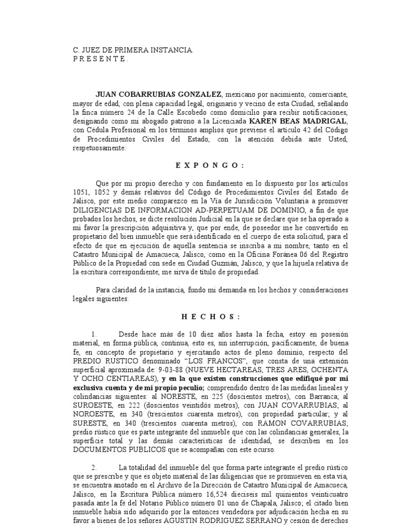 DILIGE CIAS DE INFORMACIÓN TESTIMONIAL AD PERPETUAM DE DOMINIO