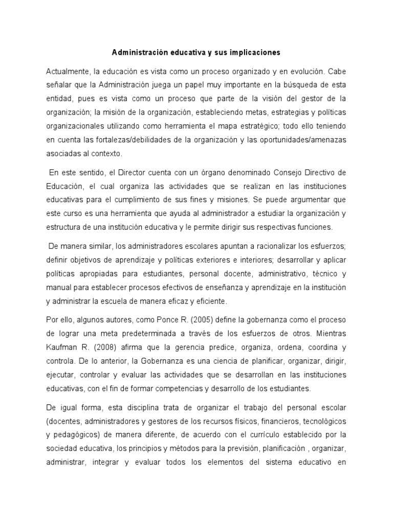 Implicaciones de la Administración Educativa | PDF | Planificación ...