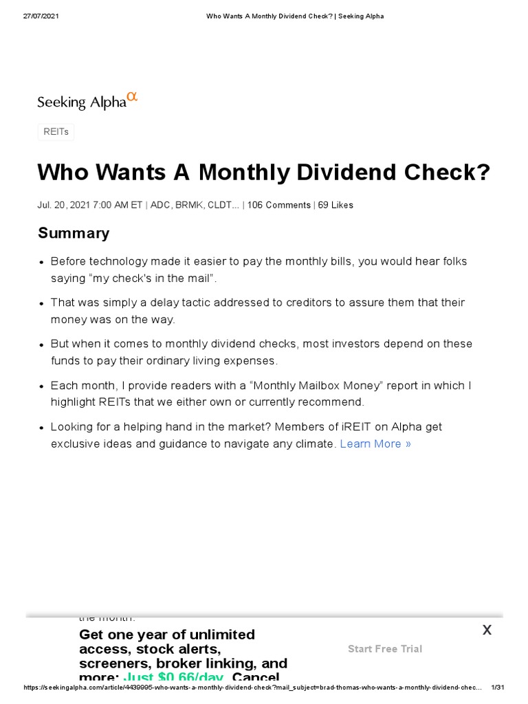 Who Wants A Monthly Dividend Check Seeking Alpha Download Free PDF