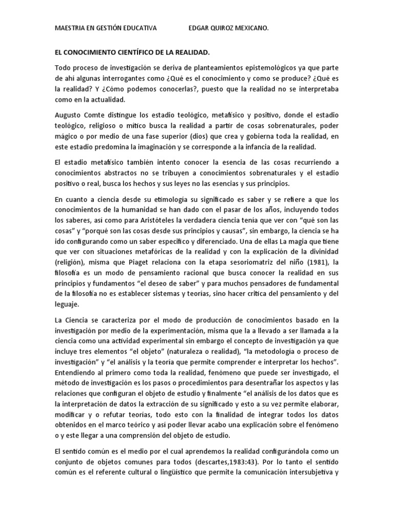 El Conocimiento Científico de La Realidad | PDF | Conocimiento | Teoría