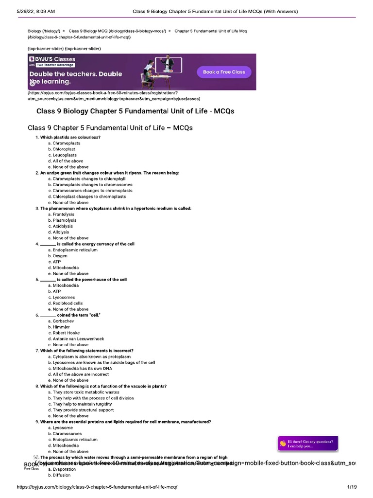 Class 9 Chapter 5 Fundamental Unit of Life MCQs PDF