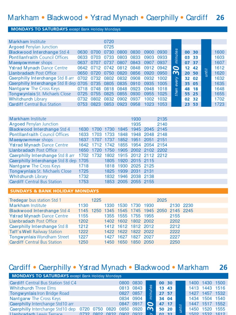 Timetable for Number 26 service Stagecoach South Wales Road Transport