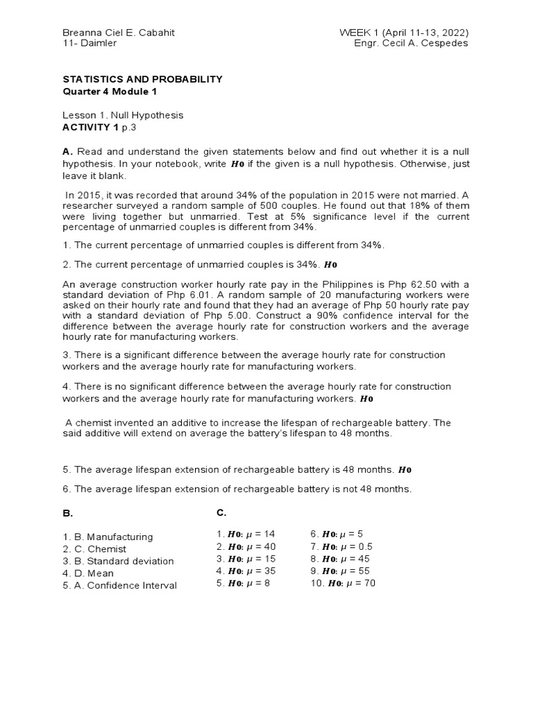 Statistics and Probability Quarter 4 Module 1 | PDF | Type I And Type ...