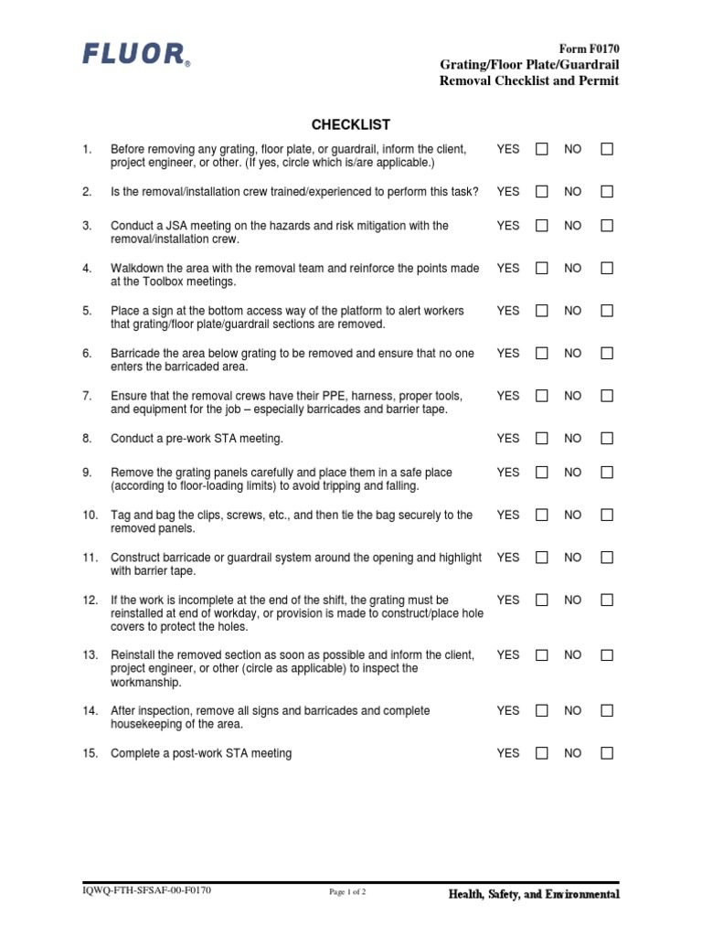 Grating/Floor Plate/Guardrail Removal Checklist and Permit Form F0170