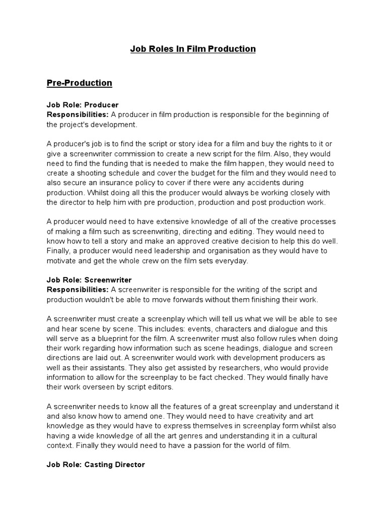 Film Production Job Roles | PDF | Filmmaking | Film Director