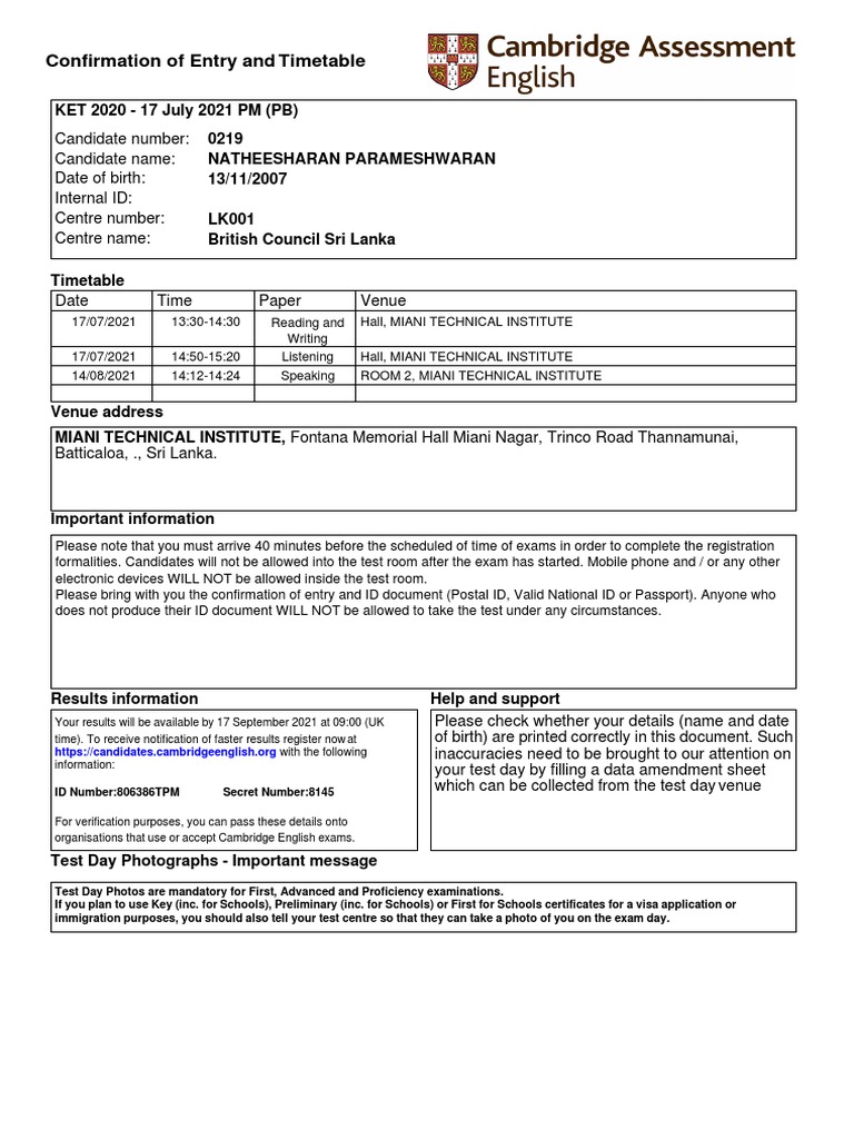 KET Exam Entry Confirmation 2021 | PDF | Test (Assessment) | Government ...