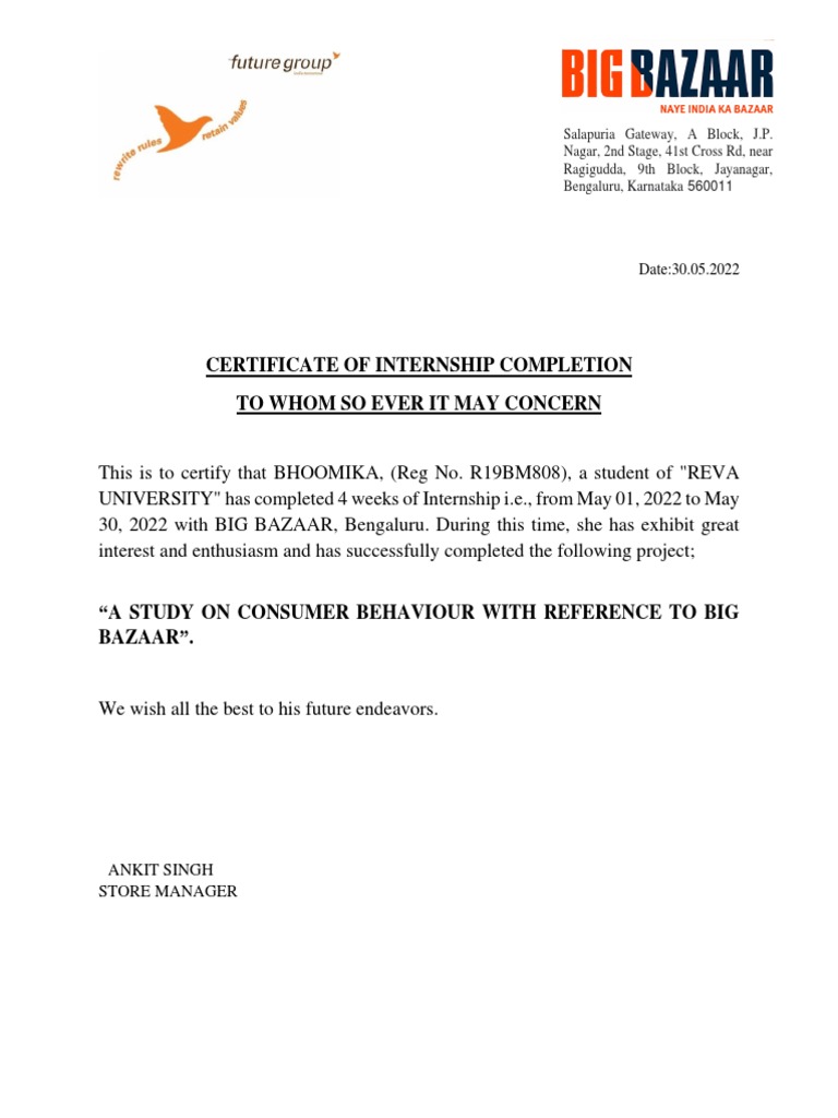 Big Bazaar Certificate PDF