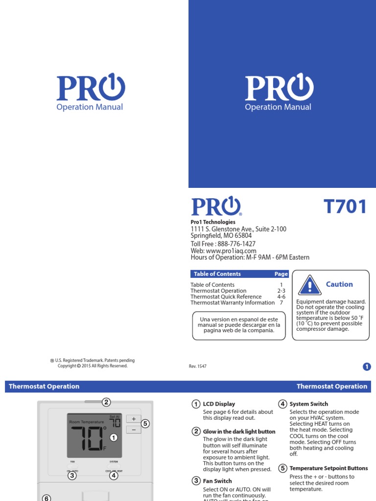 Pro T701 Thermostat Operations Manual EN Download Free PDF