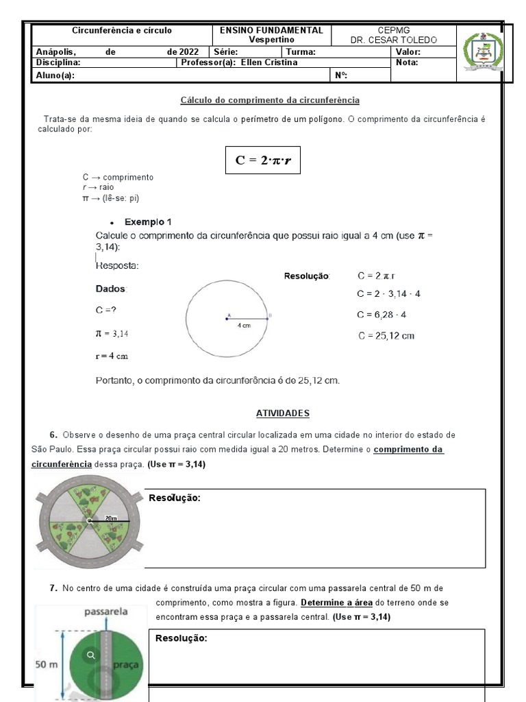 MATEMÁTICA BÁSICA - 7º ANO - Comprimento de Circunferência | PDF