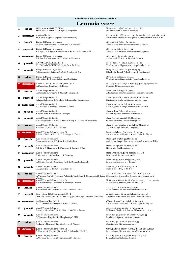 Calendario Liturgico Romano 2022 | PDF