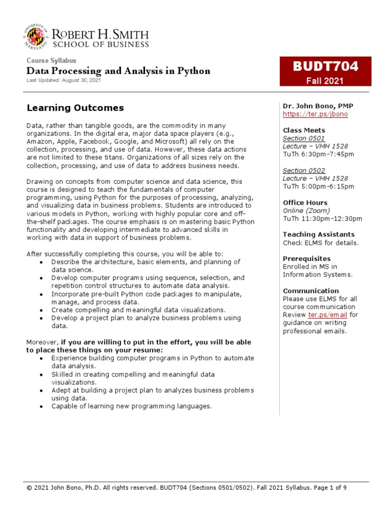 BUDT704: Data Processing and Analysis in Python | PDF | Academic ...