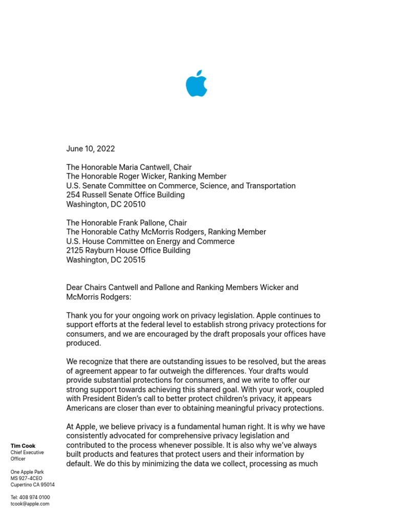 Tim Cook Letter To Congress About Privacy Legislation | PDF | Privacy ...