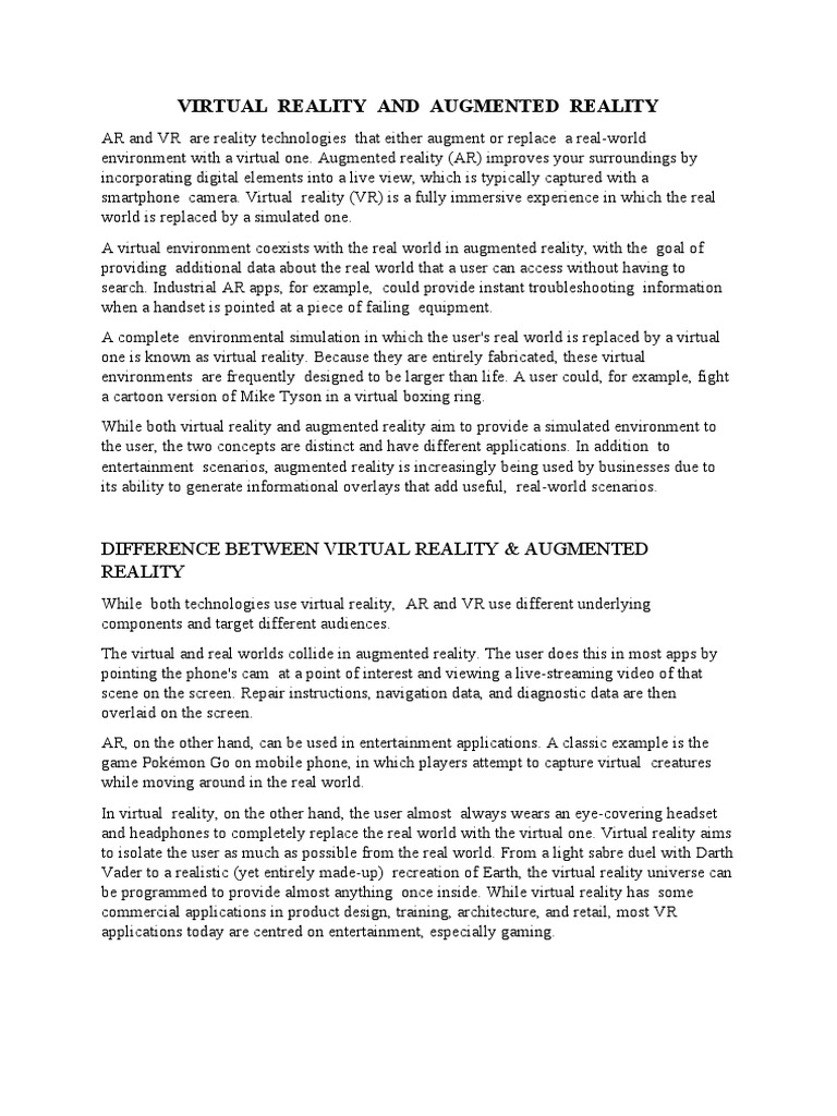 VIRTUAL REALITY AND AUGMENTED REALITY PDF Augmented Reality