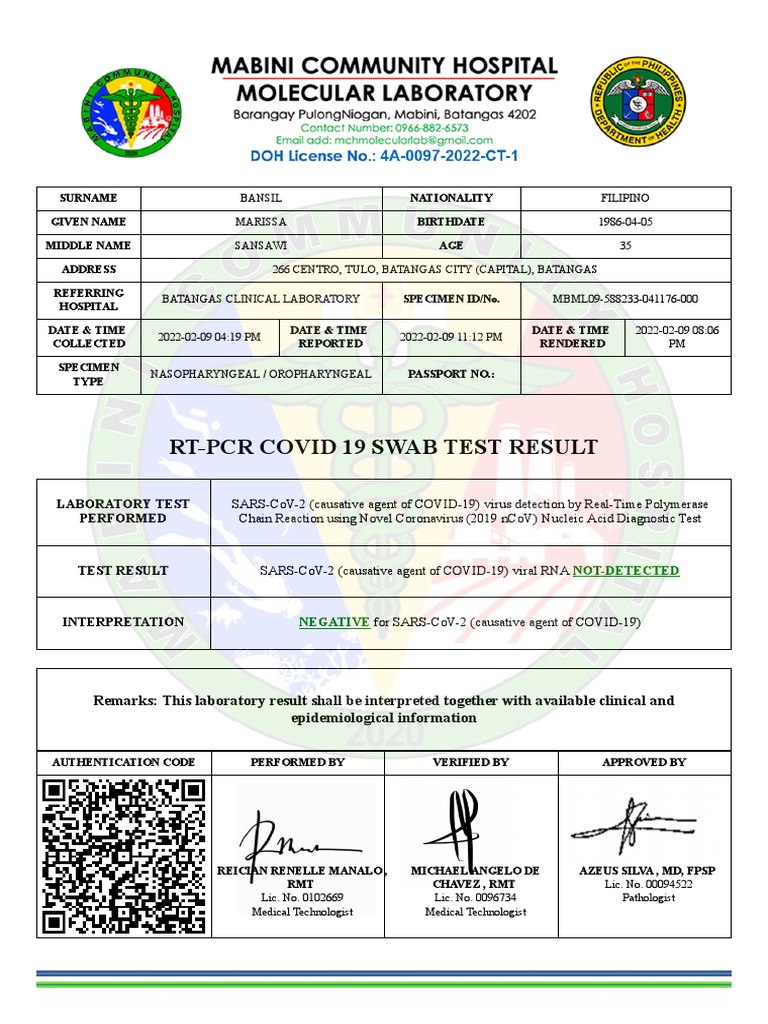 COVID-19 RT-PCR Test Result: Negative | PDF
