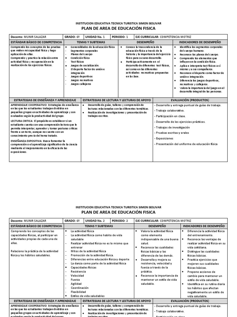 Plan de Educación Fisica - Grado 6 | PDF | Deporte del atletismo ...