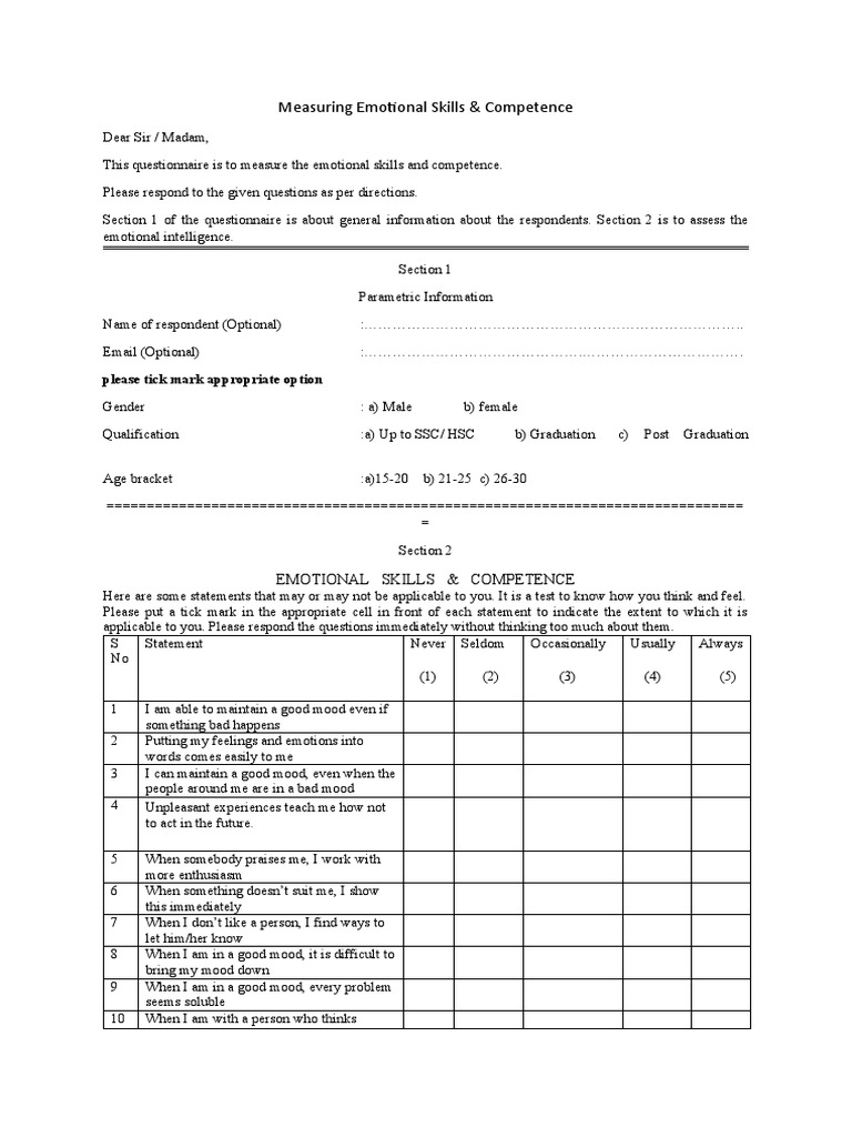 Emotional Intelligence Assessment Questionnaire | PDF | Feeling | Mood ...