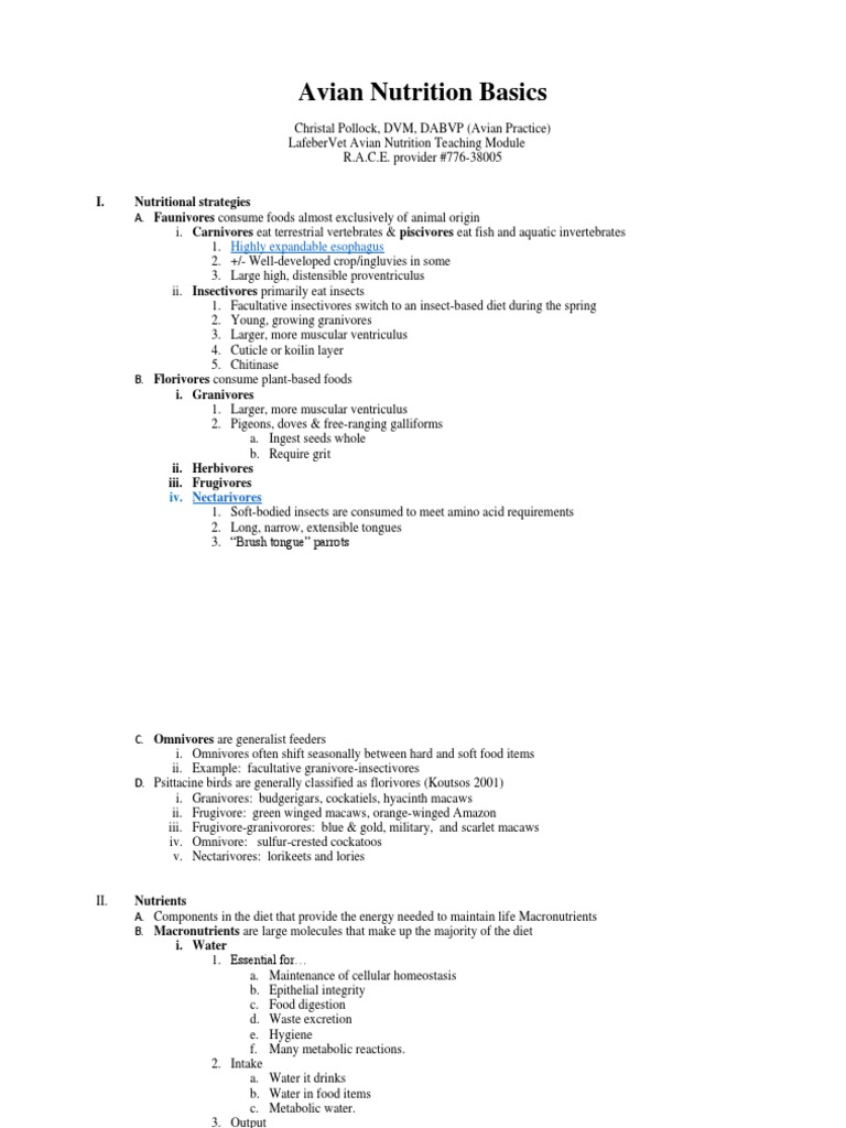 Avian Nutrition Basics I. Nutritional Strategies Download Free PDF