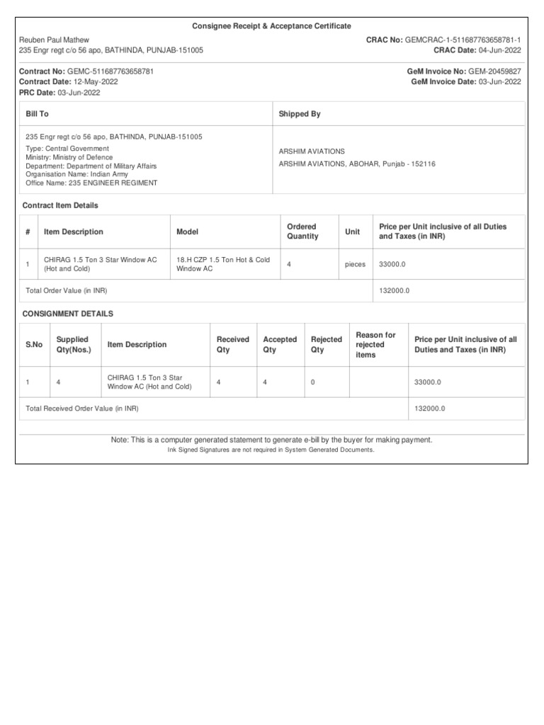 AC Installation for Indian Army Order | PDF | Invoice | Market (Economics)