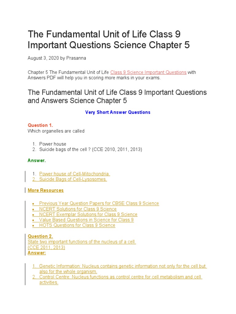 The Fundamental Unit of Life Class 9 Important Questions Science ...