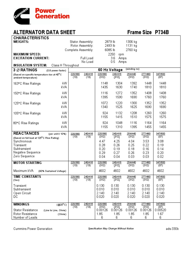 Alternator Data Sheet Cummins PDF Motor eléctrico Cantidad