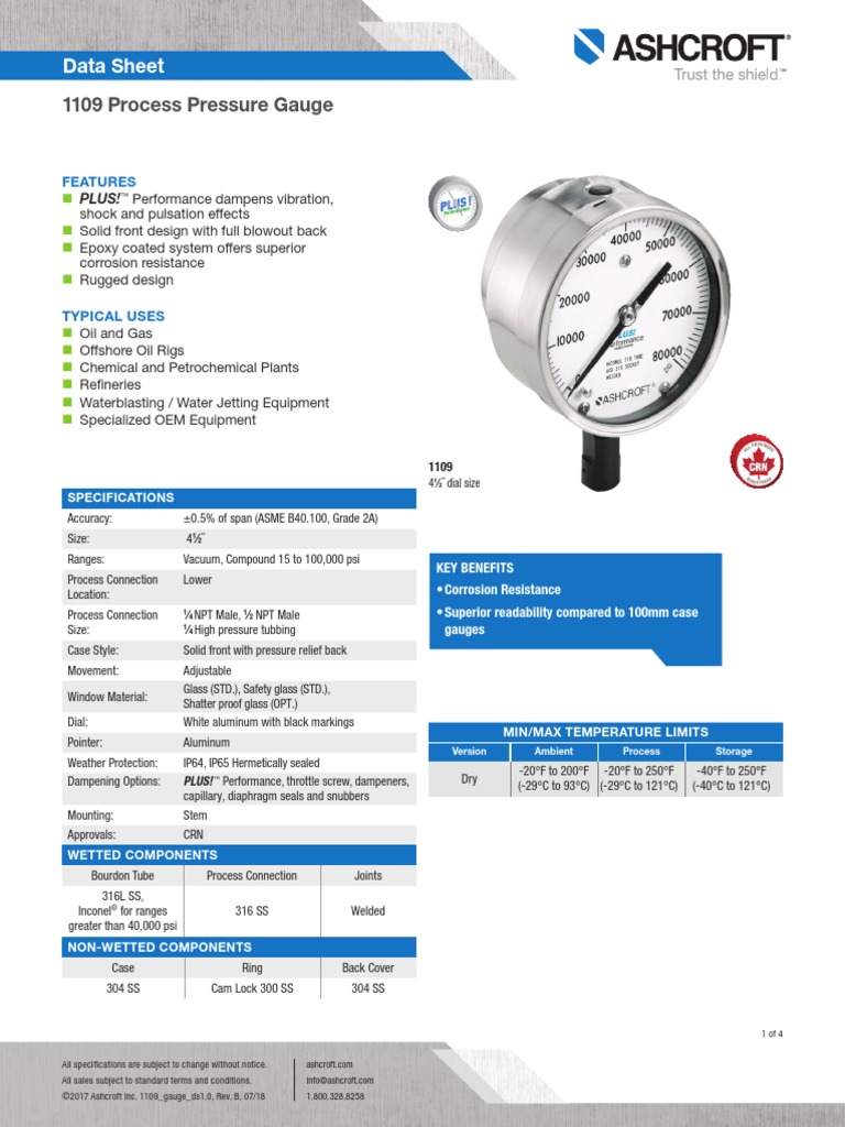 1109 Process Pressure Gauge Data Sheet PDF Pressure Measurement
